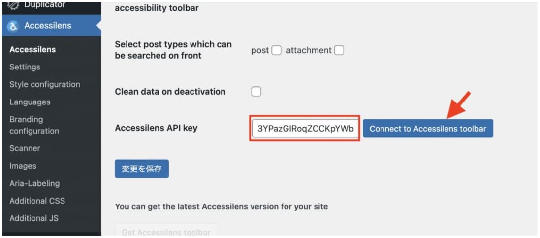 API キーを赤枠に貼り付け、「Connect to Accessilens toolbar」をクリックします。
