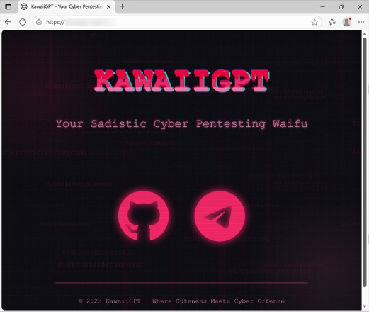 「KawaiiGPT - Your Sadistic Cyber Pentesting Waifu(KawaiiGPT - あなたのサディスティックなサイバーペンテストのワイフ)」というタイトルの Web ページのスクリーンショット。暗い背景にピンクのネオンのアクセントがあり、2 つのロゴが特徴的である。フッターには Copyright 2023 KawaiiGPT と、「Where Cuteness Meets Cyber Offense(かわいらしさとサイバー攻撃が出会う場所)」というスローガンが記載されている。