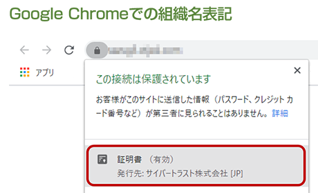 通常、証明書に記載される企業名は英語表記になりますが、サイバートラストが発行する iTrust EV SSL/TLS サーバー証明書は日本語での企業名表示にも対応しています。