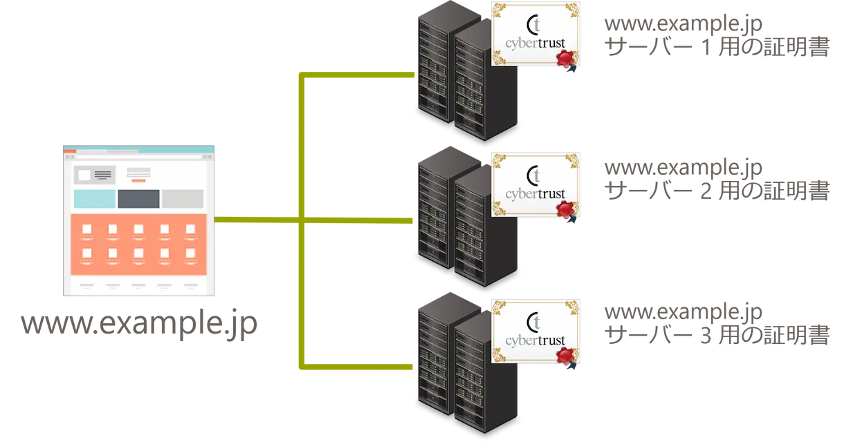 サーバーライセンス：仮に www.example.jp が 3 台のウェブサーバーで運用されていた場合、3 ライセンス分の証明書をお買い求めいただく必要があります。