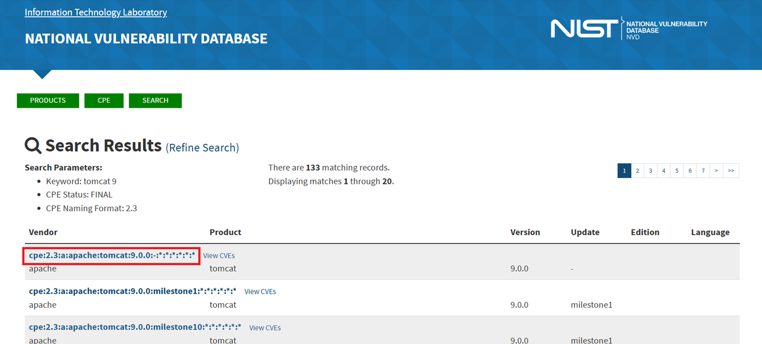 NISTのサイト「tomcat 9」での検索結果の画面